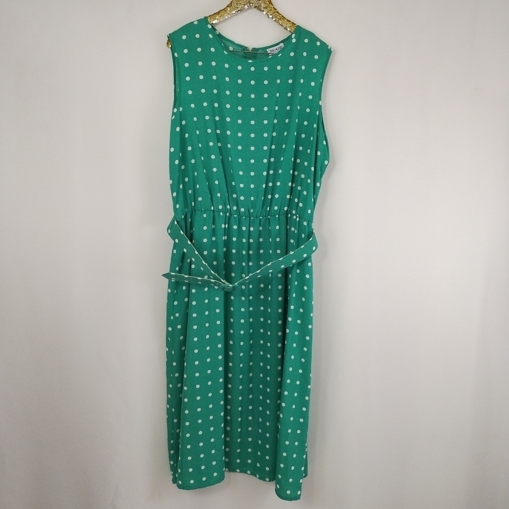 Vintage 80s Blair Women's Plus Size Green Polka Dot Maxi Dress with Belt size 2X
